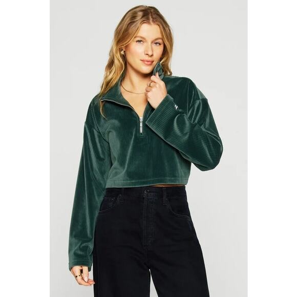 Fabletics Green Plush Ribbed Velour Cropped Half Zip Pullover Sweatshirt SZ L - Picture 1 of 13